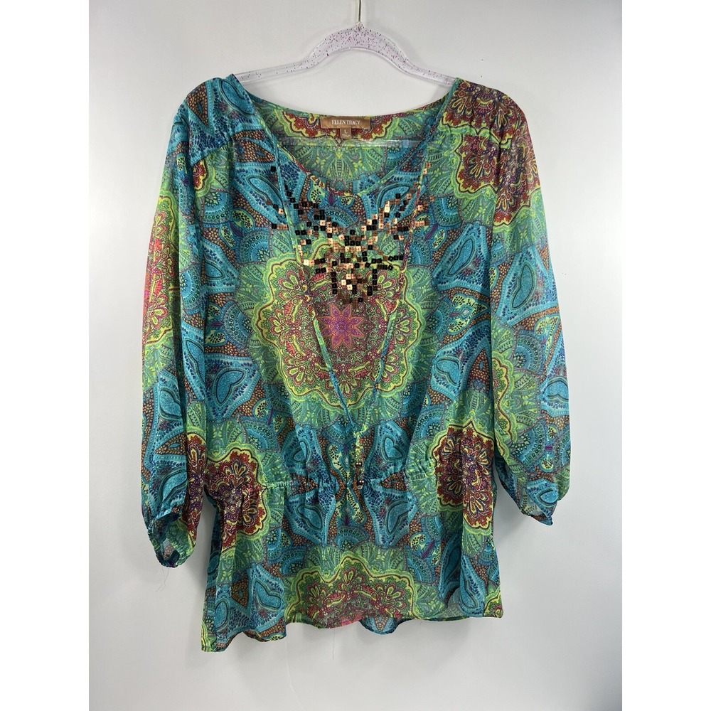Ellen Tracy Blouse Women's Sz L Multi Elastic Waist/Cuffs 3/4 Sleeve Sequins
